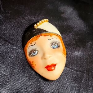 V10. Vintage Hand Painted Porcelain Art Deco Lady Face Brooch, signed